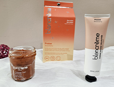 Blancrème duo soin des mains Fraise Grenade, fabriqué en France avec des ingrédients 100% naturels, ce coffret comprend une crème main et un gommage corps au sel marin.